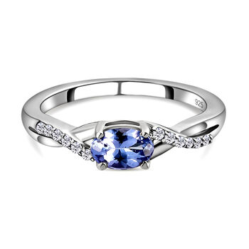 Tansanit und wei&szlig;er Zirkon-Ring, 925 Silber platiniert (Gr&ouml;&szlig;e 16.00) ca. 0,55 ct