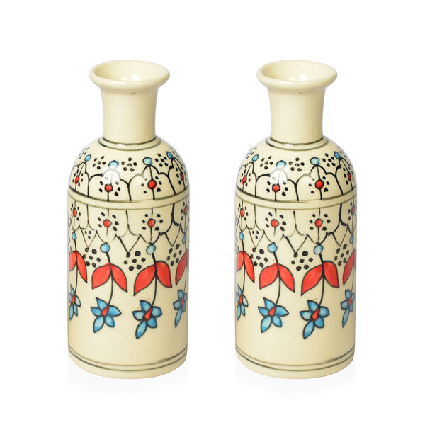 2er Set handbemalte Keramikvasen, 7,5x19 cm, Blumen
