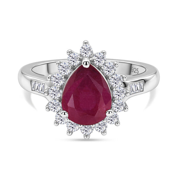 Afrikanisher Rubin(Fissure gef&uuml;llt) und Zirkon Ring 925 Silber platiniert