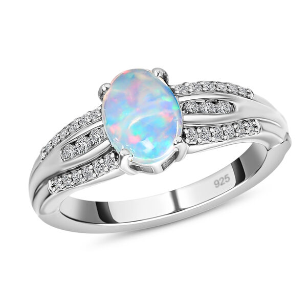 Natürlicher, äthiopischer Welo Opal und weißer Zirkon Ring, 925 Silber platiniert (Größe 21.00) ca. 1.42 ct image number 4