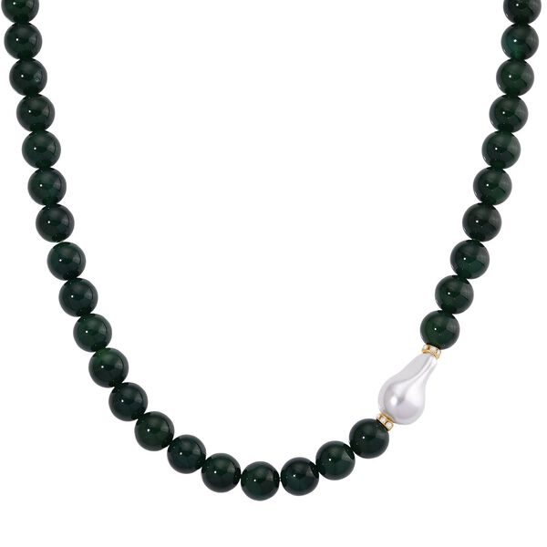 Verde Onyx, Weiße Muschelkernperle, Weißer Zirkonia Halskette ca. 50 cm Reiner Edelstahl Standard gelb vergoldet image number 0