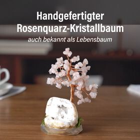 Handgefertigter Lebensbaum aus Rosenquarz Heilsteinen, Glücksbaum mit Naturkristallen und Kupferdraht, ca. 12 x 12 cm