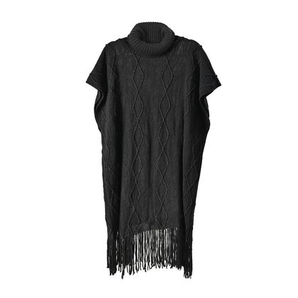 LA MAREY - Poncho mit hohem Kragen und Quaste, Größe:(passend für S-XL): 70x65+15 cm, Schwarz