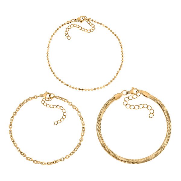 3er-Set - Kugelarmband, Gliederarmband, Ankerarmband, 19+5cm, Goldton image number 0