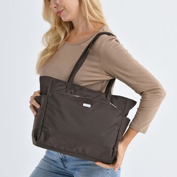 Elegante Signature Handtasche, edles Nylon Design mit 3 Rei&szlig;verschluss Taschen und 2 offenen Au&szlig;entaschen, ca. 30 x 30 x 10 cm, Dunkelbraun