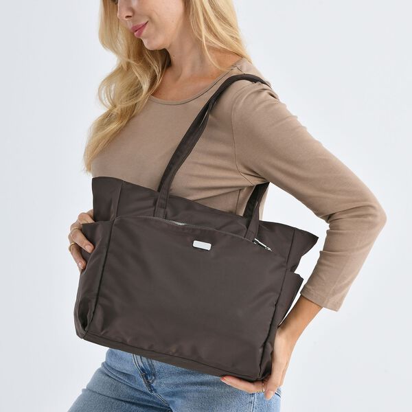 Elegante Signature Handtasche, edles Nylon Design mit 3 Rei&szlig;verschluss Taschen und 2 offenen Au&szlig;entaschen, ca. 30 x 30 x 10 cm, Dunkelbraun image number 3