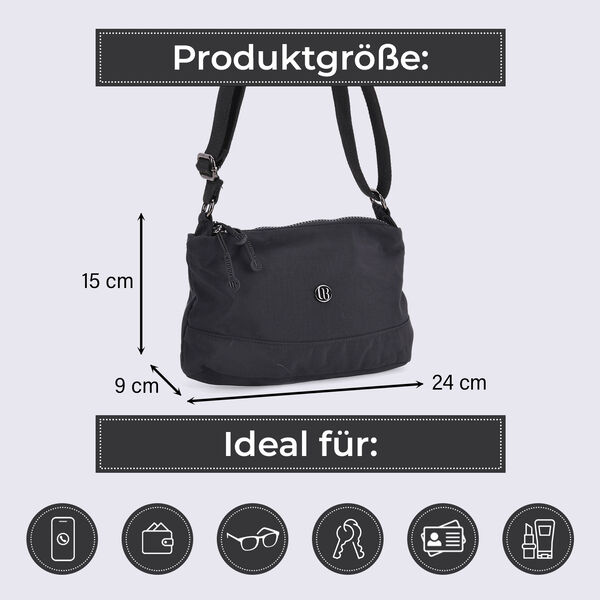 Nylon Crossbody-Tasche mit Rei&szlig;verschlussf&auml;chern, verstellbarem Schulterriemen, Schwarz image number 4
