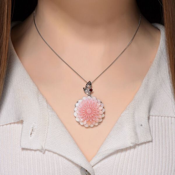 D'Joy Nat&uuml;rlicher Rosa K&ouml;nigsmuschel Perle, Roter Granat Schmuckset ca. 45 cm 925 Silber rhodiniert image number 2