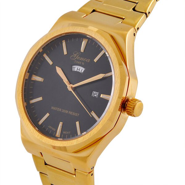 GENOA - Japanisches Uhrwerk, Schwarzes Sonnenschliff-Zifferblatt mit Balkenindexen, Edelstahl mit Faltschließe, Reiner Edelstahl, 20 cm, Goldfarben image number 4