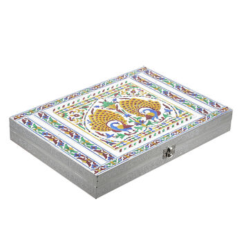 Minakari-Ringbox, Pfauentanz-Design, f&uuml;r 150 Ringe, 35,6x25x5,8 cm