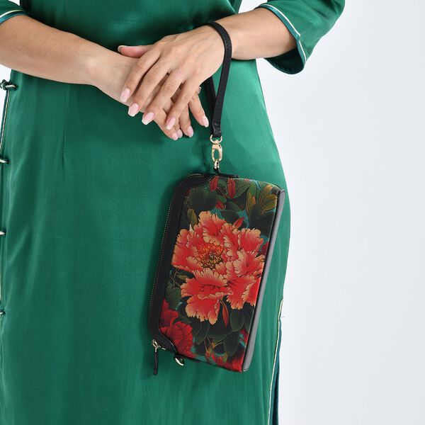 LA MAREY Crossbody Tasche aus 80% Seidenbrokat und 20% Echtleder, Blumenmuster, 24x5.5x14cm, Schwarz-rot image number 3