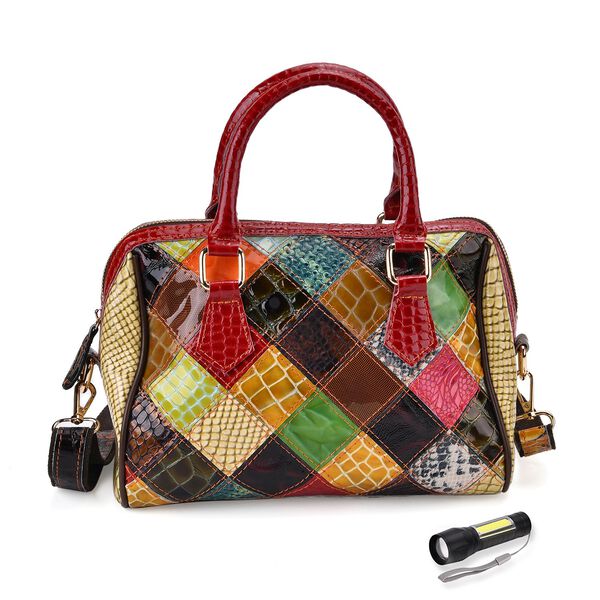 Chaos by Elsie Crossbody-Tasche aus echtem Leder, Multicolor mit gl&auml;nzender Krokopr&auml;gung im Rautenmuster, RFID-Schutz und Mini-Taschenlampe, 26x14x19 cm