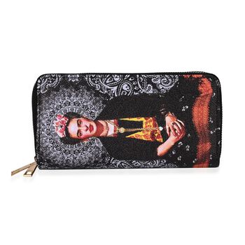 Frieda Kahlo Brieftasche mit doppeltem Rei&szlig;verschluss, mit mehreren Kartenf&auml;chern und RFID-Schutz, 19x10x4 cm, Schwarz