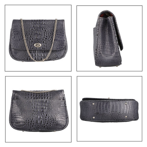 Umh&auml;ngetasche aus echtem Leder mit Kroko-Pr&auml;gung und Kettenriemen, Schwarz&nbsp; image number 6