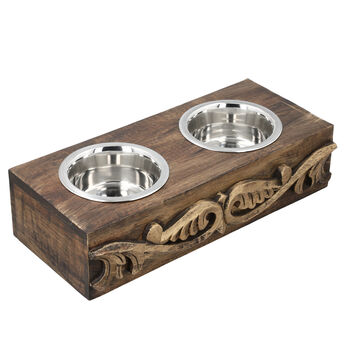 NAKKASHI handgeschnitzter Futternapf aus Mangoholz mit Edelstahl-Sch&uuml;sseln, dunkelbraun