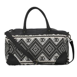 Stillvolle Weekender-Tasche aus 100% echtem Leder mit handgewebtem Dekor, schwarz