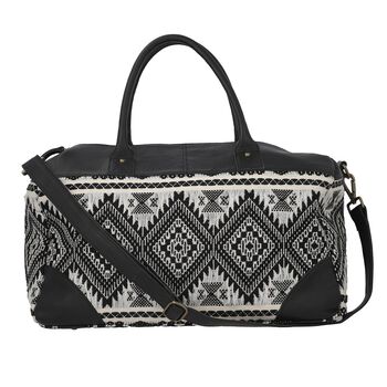 Stillvolle Weekender-Tasche aus 100% echtem Leder mit handgewebtem Dekor, schwarz