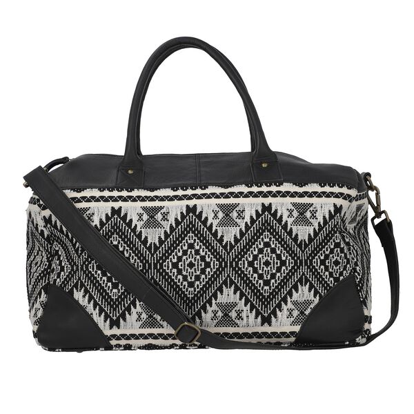 Stillvolle Weekender-Tasche aus 100% echtem Leder mit handgewebtem Dekor, schwarz