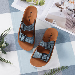 LA MAREY - Schnalle Slip-on Sandalen, Gr&ouml;&szlig;e 36, Schlangenhautmuster, Blau