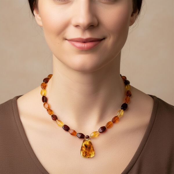 D'Joy Mehrfarbiger Bernstein Halskette ca. 50 cm 925 Silber vergoldet image number 2