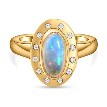 Nat&uuml;rlicher, &auml;thiopischer Opal und wei&szlig;er Zirkon-Ring, 925 Silber vergoldet (Gr&ouml;&szlig;e 19.00) ca. 1,17 ct