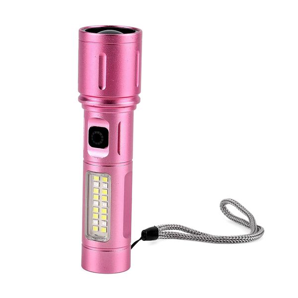 LIVMORE - 6 in 1 LED-Taschenlampen aus Metall mit SOS Funktion, wiederaufladbar, 14x3,5 cm, Rosa