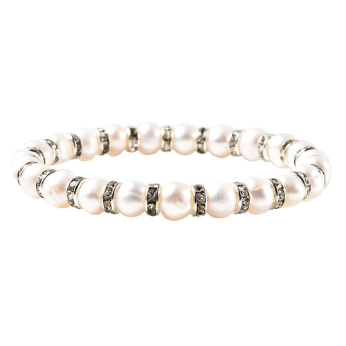 Weiße Süßwasser Perle und Kristall flexibel Armband 19 cm image number 0