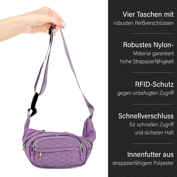 Multifunktionale RFID-gesch&uuml;tzte Nylon G&uuml;rteltasche mit Schnellverschluss, 36x4x13cm, Lila image number 4