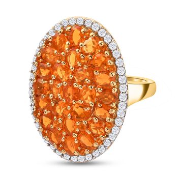 Salamanca Feueropal und wei&szlig;er Zirkon-Ring, 925 Silber Gelbgold Vermeil (Gr&ouml;&szlig;e 17.00) ca. 4,04 ct