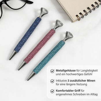 3er-Set Kugelschreiber mit Strassbesatz und Diamantspitze, inkl. 3 blauer Ersatzminen, 15cm,, Mehrfarbig