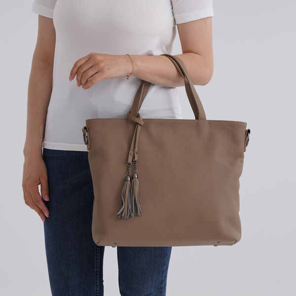Echtleder-Tote-Bag mit Reißverschlussfach hinten, Doppeltragegriff und Schulterriemen, 35x10x33 cm, Khaki image number 2