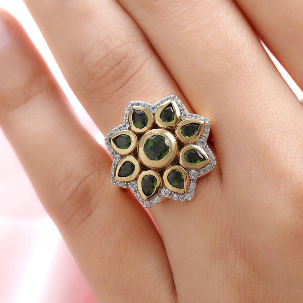 Natürlicher Chromdiopsid und floraler Zirkon-Ring in Silber, 2,53 ct. image number 3