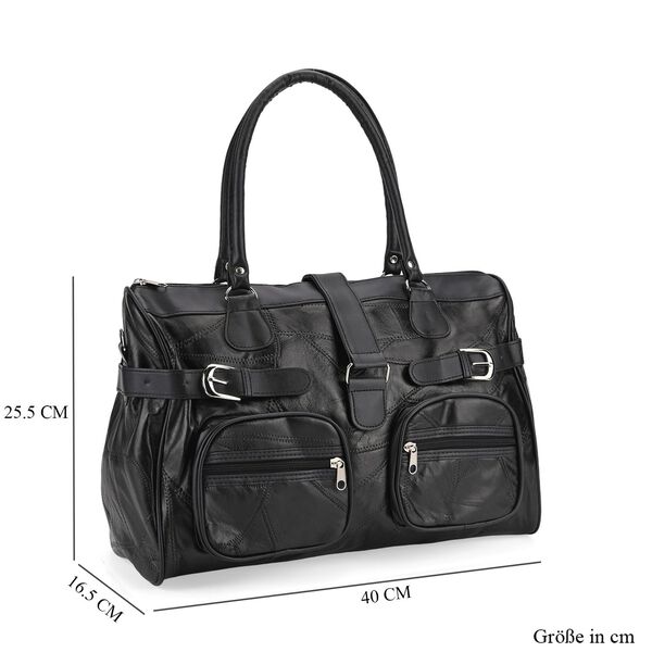 Patchwork Crossbody Tasche aus Schafleder mit mehreren Rei&szlig;verschlussf&auml;chern, 40&times;16,5&times;25,5 cm, Schwarz image number 7