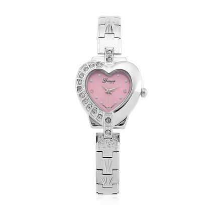 GENOA TIME - Herz-Armbanduhr Legierung, nickelfreies Messing, silberfarben, mit wei&szlig;en Kristallen, Zifferblatt Rosa-Sunshine, 3 ATM wasserdicht