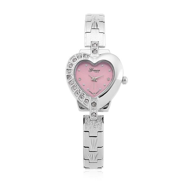 GENOA TIME - Herz-Armbanduhr Legierung, nickelfreies Messing, silberfarben, mit wei&szlig;en Kristallen, Zifferblatt Rosa-Sunshine, 3 ATM wasserdicht