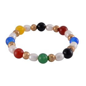 Flexibles Multi-Achat und weißes Süßwasserperlen-Armband - 95 ct.