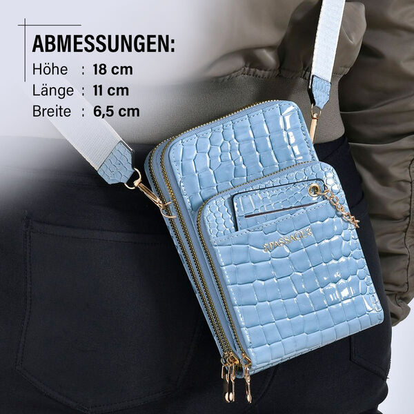 PASSAGE Crossbody Tasche aus PU-Lackleder mit Krokopr&auml;gung und RFID-Schutz, 18x7x11 cm, Himmelblau image number 3