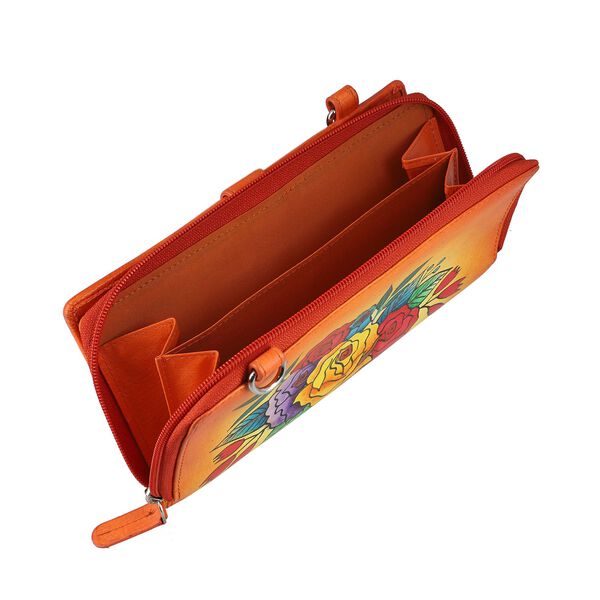 SUKRITI- Handbemalte Brieftasche aus Echtleder mit verstellbarem Schulterriemen und Schlüsselanhänger, Orange image number 7