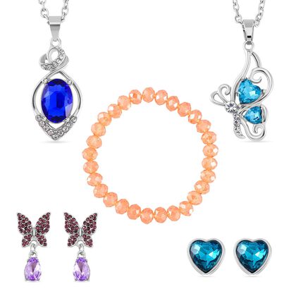 5er-Schmuckset - Charmantes Design, Mehrfarbiger Kristall, Eisen