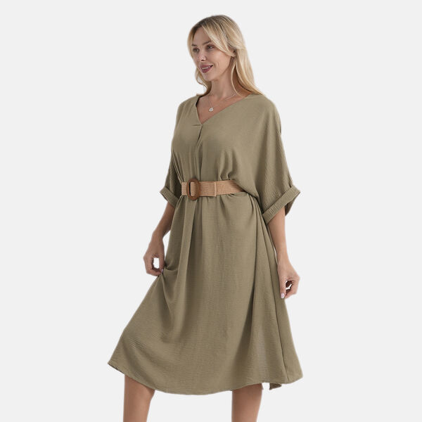 LA MAREY Gewebtes Kleid mit G&uuml;rtel, Einheitsgr&ouml;&szlig;e, 120cm, Olivgr&uuml;n image number 3