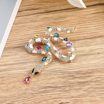 Emaillierte und mehrfarbige Kristall-Brosche, Schlange