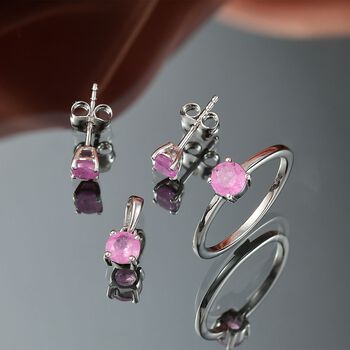 3er Set - D'Joy Ilakaka Rosa Saphir (Fissure gef&uuml;llt) Ohrringe, Ring und Anh&auml;nger, 925 Silber rhodiniert (Gr&ouml;&szlig;e 19) ca. 1.84 ct