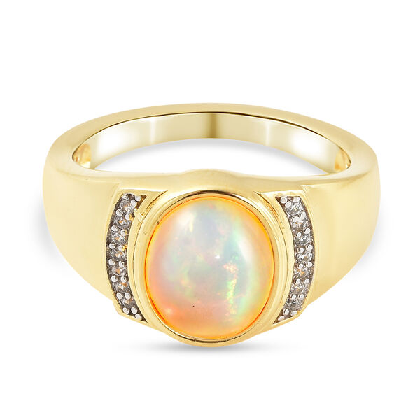 Nat&uuml;rlicher &Auml;thiopischer Opal und Zirkon Ring 925 Silber Gelbgold Vermeil