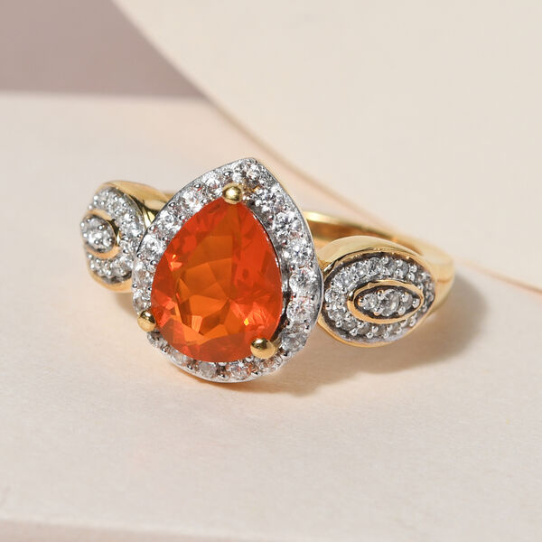 Purpurroter Feueropal und wei&szlig;er Zirkon-Ring, 925 Silber Gelbgold Vermeil  ca. 1,77 ct image number 2