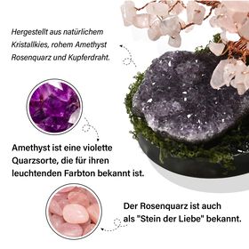 Handgefertigter Amethyst-Rosenquarz-Baum aus Kupferdraht, 8&times;12 cm, Lila-Rosa