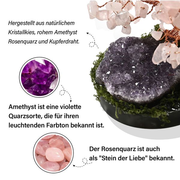 Handgefertigter Amethyst-Rosenquarz-Baum aus Kupferdraht, 8×12 cm, Lila-Rosa image number 2