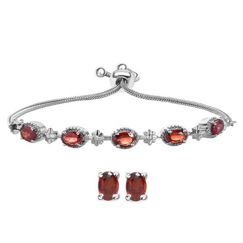 2er Set, rote Granat Ohrringe und Armband, Edelstahl, ca. 4,16 ct image number 0