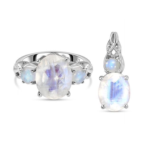 2er-Set - Premium Regenbogen Mondstein-Ring und Anh&auml;nger - 7,55 ct.