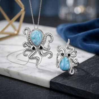 GP Trionfo Kollektion - Larimar, schwarzer Spinell und blauer Saphir Ring und Anh&auml;nger mit 45cm Kette