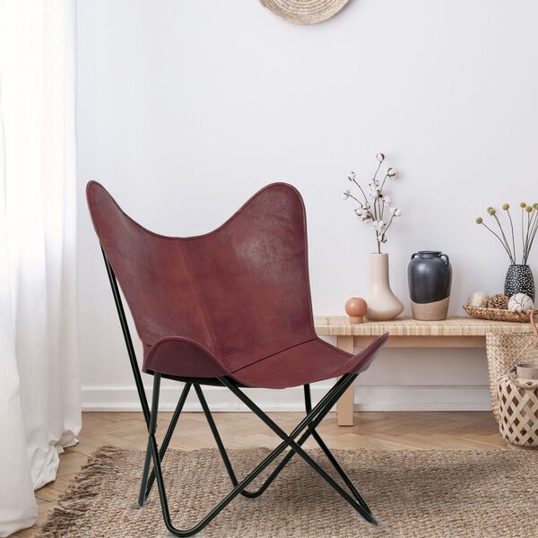 Zusammenklappbarer Butterfly-Sessel aus Echtleder, 92cm, Burgund image number 2